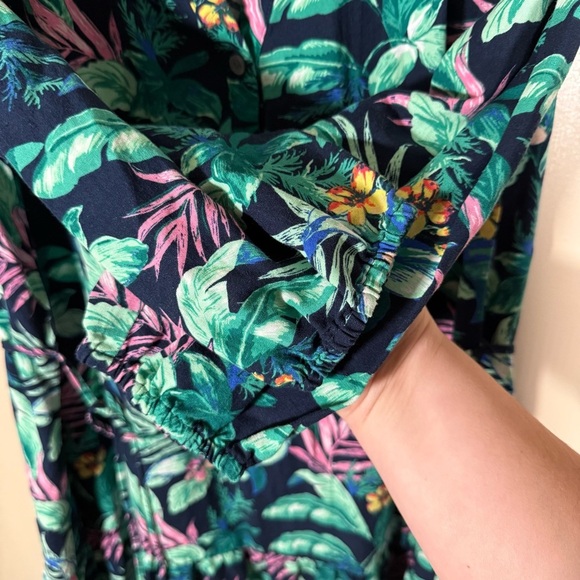 Loft Tropical Palm Henley Flounce Linen Blend Shirt Dress 3/4 Sleeve Size XL - Picture 7 of 8